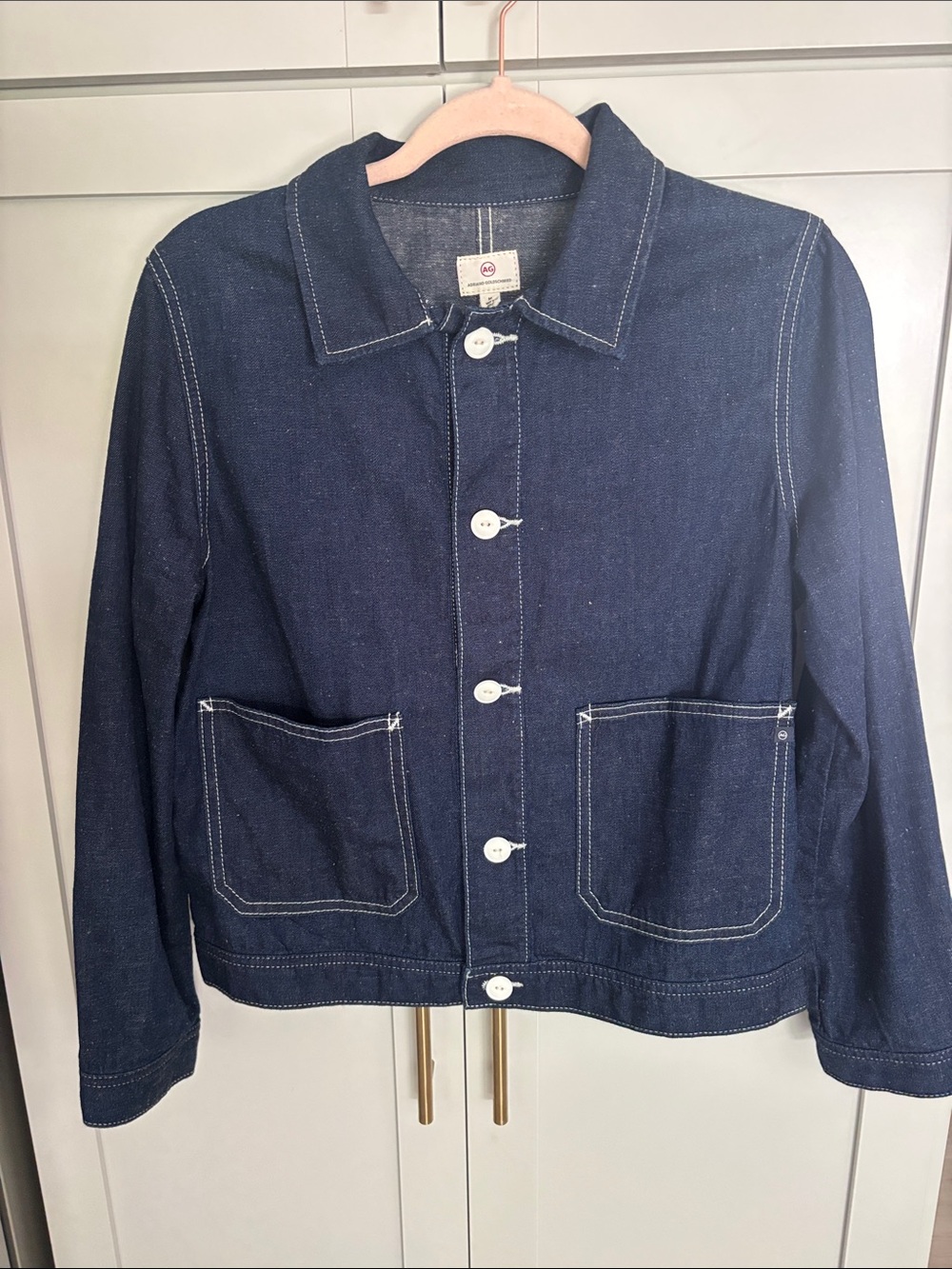 AG Adriano Goldschmied Dark Blue Denim Jacket with White Contrast Stitching